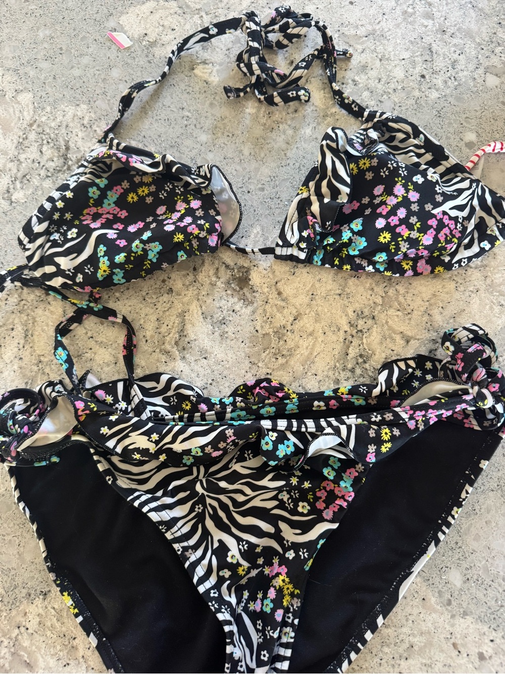 Charlotte Russe Black Floral Zebra Print Bikini Set